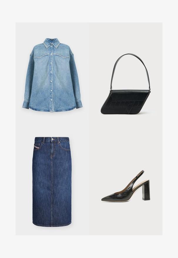 Chemise en denim bleu clair à manches longues avec col et empiècement ornés de perles, boutonnage devant et ourlet droit sur fond blanc.; Jupe en jean bleu foncé longueur genou avec boutons devant et poches, avec surpiqûres orange et petite étiquette de poche avant griffée.; Chaussure slingback en cuir noir à bout pointu avec un talon bloc haut et une doublure intérieure beige sur un fond clair uni.; Sac d'épaule en cuir noir de forme triangulaire, avec un logo embossé et une seule bandoulière réglable. Design minimaliste avec une texture lisse.