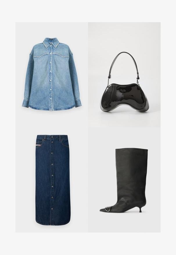 Chemise en denim bleu clair à manches longues avec col et empiècement ornés de perles, boutonnage devant et ourlet droit sur fond blanc.; Jupe en denim de couleur bleu foncé, avec boutonnière sur le devant et deux poches. Coupe droite et ourlet arrondi. Tissu résistant.; Bottines en cuir noir à bout pointu, petite talon et détail métallique sur le bout. Texture lisse et mate partout.; Sac à main en cuir verni noir avec une forme incurvée unique, une anse courte et ajustable, et une fermeture zippée. Texture lisse avec un branding discret.