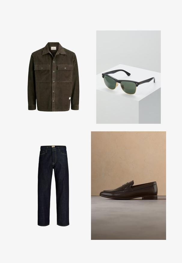 Veste en velours côtelé marron avec une texture à côtes verticales, fermeture à boutons sur le devant, deux poches poitrine et un col classique, avec une étiquette de marque discrète à l'ourlet.; Jean droit bleu foncé avec coutures jaunes, fermeture à boutons et zip à l'avant, et design à cinq poches.; Mocassin en cuir marron foncé flottant au-dessus d'un tapis beige avec un canapé courbé beige en arrière-plan.; Lunettes de soleil Ray-Ban avec des verres verts, monture en plastique noir et accents dorés sur les bords. Forme carrée avec une finition mate.