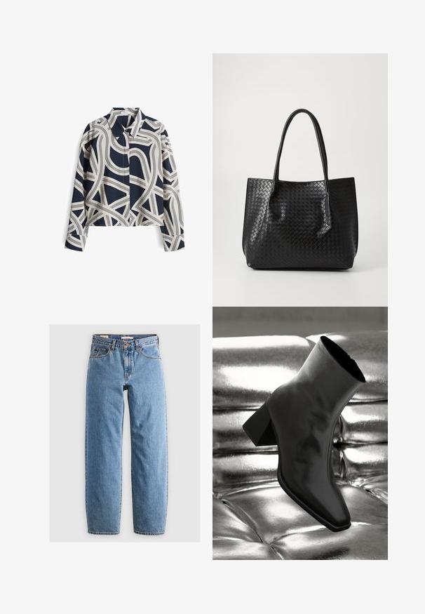 Hemd mit langen Ärmeln in Marineblau und Creme mit gemustertem Design, geknöpftem Kragen und abstrakter Liniengestaltung; aus Baumwollmischung, entspannte Passform.; Helleblaue Denim-Jeans mit geradem Bein, fünf Taschen, einem Reißverschluss und einer subtilen, verwitterten Textur. Klassisches Design mit minimalem Hardwareeinsatz.; Schwarzer Knöchelstiefel aus glänzendem Material mit quadratischer Zehenform und verjüngtem Absatz, vor einem glänzenden silbernen gepolsterten Hintergrund.; Schwarze geflochtene Ledertasche mit zwei Griffen, strukturierte Form und subtiler glänzender Oberfläche vor einem schlichten hellen Hintergrund.