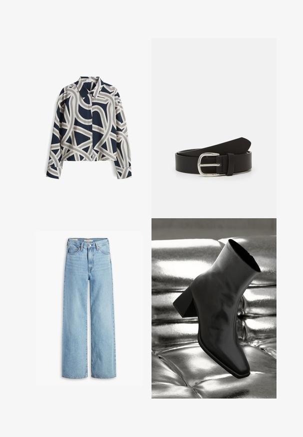 Chemise à motifs bleu marine et crème avec des manches longues, col et design abstrait; tissu en mélange de coton, coupe décontractée.; Jean large taille haute en denim bleu clair avec fermeture à bouton et zip à l'avant, passants de ceinture et cinq poches.; Botte noire à la cheville en matériau brillant avec un bout carré et un talon effilé, sur un fond argenté brillant et capitonné.; Ceinture en cuir noir avec une texture lisse, dotée d'une boucle en métal argenté et d'une extrémité effilée. Design simple et classique.