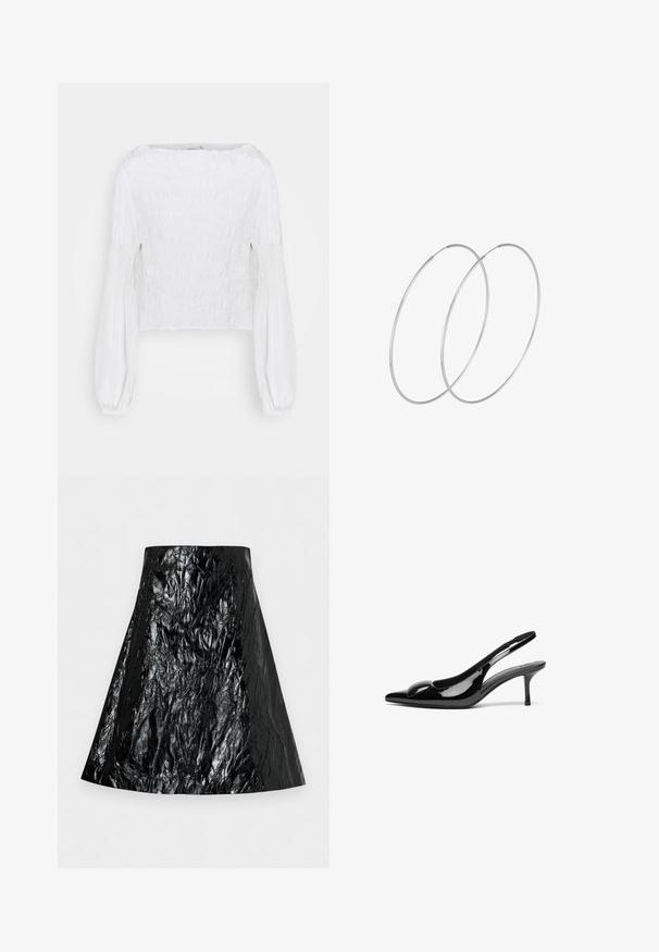 Blusa blanca de manga larga con cuerpo fruncido y mangas abullonadas recogidas en las muñecas, mostrada sobre un fondo simple.; Falda de línea A negra brillante arrugada con cintura alta y banda de cintura lisa, mostrada plana sobre un fondo claro.; Tacones slingback de charol negro con punta afilada y acabado brillante. Presentan un tacón delgado y un acento redondeado en el empeine.; Pendientes de aro plateados con un diseño minimalista. Forma circular, textura suave y perfil delgado. Livianos con un acabado pulido.