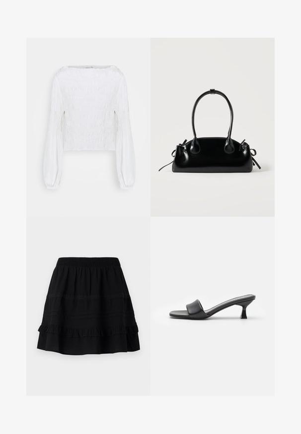 Blusa blanca de manga larga con cuerpo fruncido y mangas abullonadas recogidas en las muñecas, mostrada sobre un fondo simple.; Falda de algodón negra con un diseño de volantes en capas, que presenta una cintura elástica y adornos de costuras en contraste y bandas de encaje.; Mules negros con tacón, de parte superior de cuero mate y suave, puntera abierta, banda ancha en el empeine y tacón cuadrado y delgado.; Pequeño bolso negro brillante con dos asas largas y detalles de cordón lateral sobre un fondo claro liso.