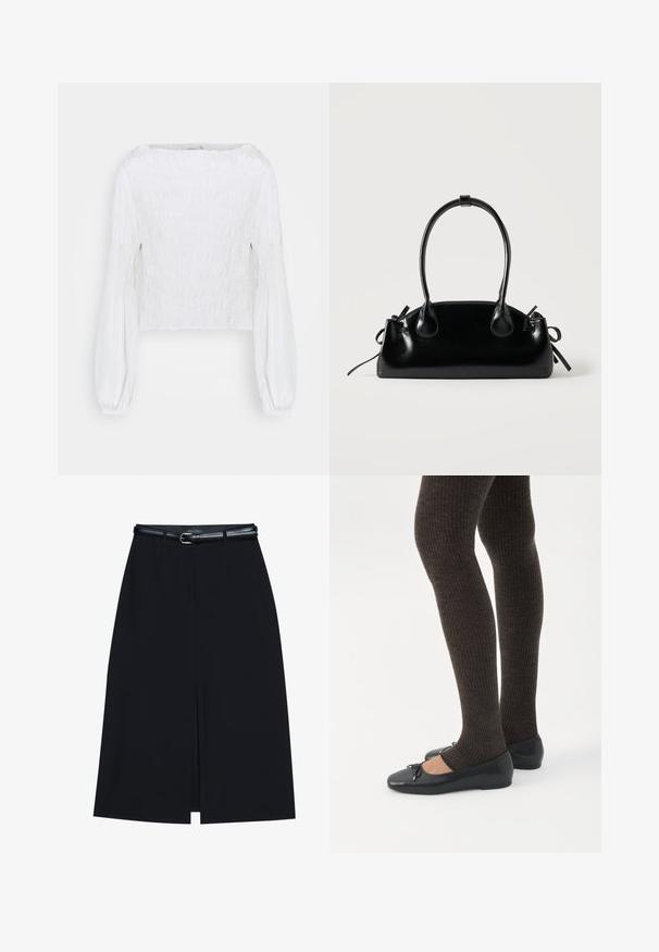 Blusa blanca de manga larga con cuerpo fruncido y mangas abullonadas recogidas en las muñecas, mostrada sobre un fondo simple.; Falda negra hasta la rodilla con una abertura en la parte delantera, hecha de tejido suave. Presenta un delgado cinturón negro con una hebilla plateada y pasadores para el cinturón.; Piernas con leggings oscuros acanalados combinados con bailarinas negras que presentan pequeños detalles de lazo sobre un fondo blanco.; Pequeño bolso negro brillante con dos asas largas y detalles de cordón lateral sobre un fondo claro liso.