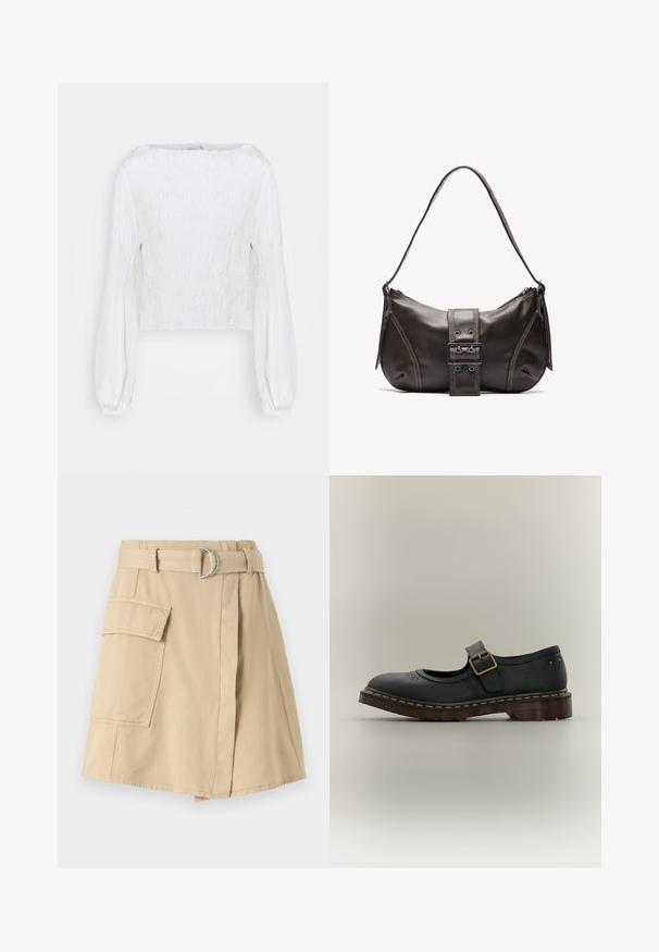 Blusa blanca de manga larga con cuerpo fruncido y mangas abullonadas recogidas en las muñecas, mostrada sobre un fondo simple.; Falda de algodón beige con un bolsillo lateral, cintura con cinturón que presenta un anillo plateado y una ligera forma en A. Textura suave y diseño sencillo.; Zapato Mary Jane de cuero negro con correa de hebilla, perforaciones decorativas florales y suela gruesa marrón con costuras amarillas.; Bolso de hombro de cuero marrón con forma curva, que presenta un prominente detalle de hebilla, costuras en contraste y una sola correa para el hombro.