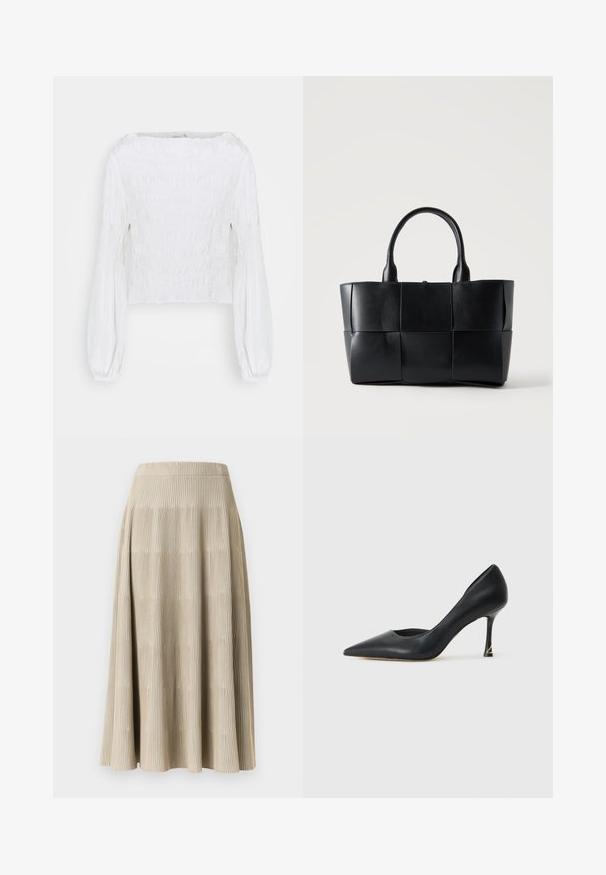 Blusa blanca de manga larga con cuerpo fruncido y mangas abullonadas recogidas en las muñecas, mostrada sobre un fondo simple.; Falda plisada beige con tela texturizada. Presenta rayas verticales y un diseño acampanado, terminando justo debajo de la rodilla.; Zapato de tacón negro de piel con punta afilada y un diseño elegante, que presenta un tacón delgado y un acento dorado en la base del tacón. Textura suave.; Bolso tote de cuero negro con paneles grandes cuadrados tejidos y dos asas redondeadas sobre un fondo liso y claro.