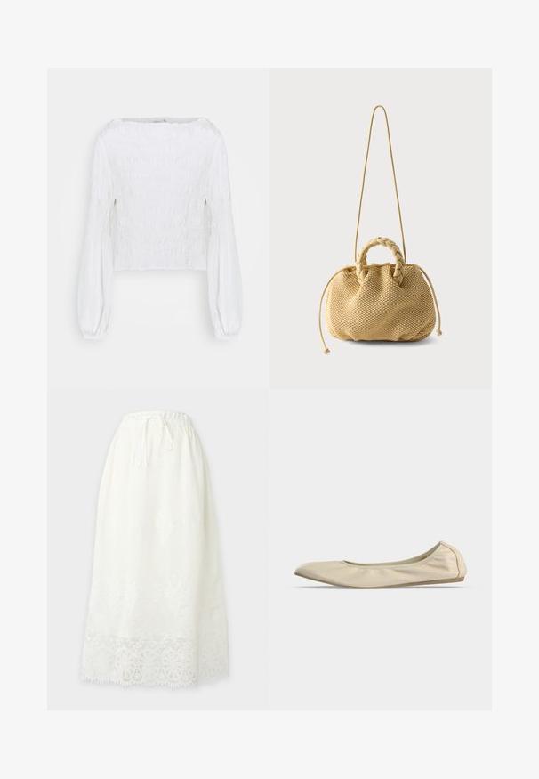 Blusa blanca de manga larga con cuerpo fruncido y mangas abullonadas recogidas en las muñecas, mostrada sobre un fondo simple.; Falda midi blanca con cintura elástica, cordón ajustable, bordado floral sutil y detalle de bajo con encaje festoneado.; Zapato de ballet plano beige de cuero suave con puntera redonda, perfil lateral bajo y suela de goma delgada sobre fondo blanco liso.; Bolso tejido beige con asas trenzadas en la parte superior, laterales con cordón ajustable y una correa larga y delgada para el hombro sobre un fondo blanco liso.