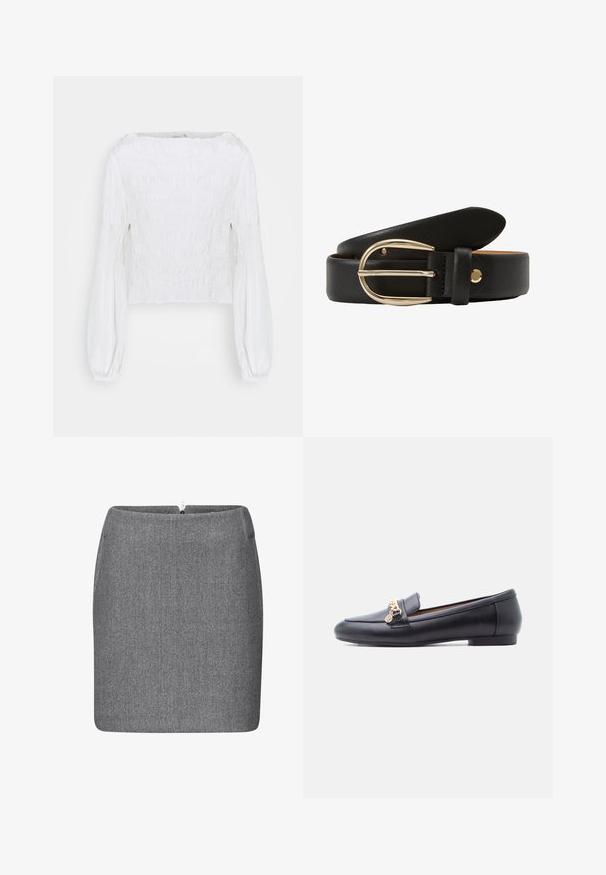 Blusa blanca de manga larga con cuerpo fruncido y mangas abullonadas recogidas en las muñecas, mostrada sobre un fondo simple.; Falda lápiz de tela gris con una textura suave, silueta ajustada y un discretar cremallera trasera para el cierre. Diseño simple y limpio.; Mocasín de cuero negro con tacón bajo y detalle de cadena dorada en la parte superior, mostrado de perfil sobre un fondo blanco.; Cinturón de cuero negro con una textura suave, que presenta una hebilla de metal en tono dorado y un diseño que incluye una pua y un sujetador de correa.