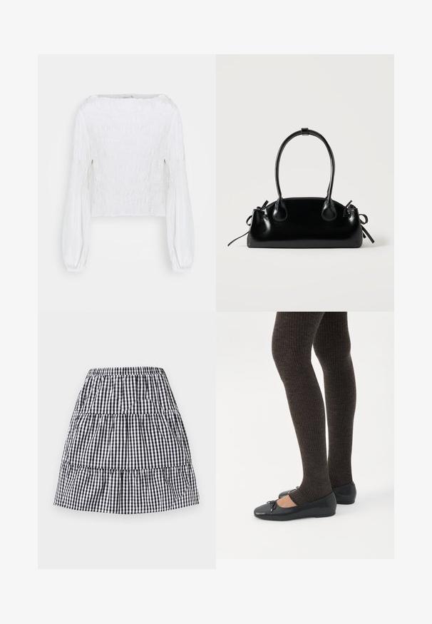 Blusa blanca de manga larga con cuerpo fruncido y mangas abullonadas recogidas en las muñecas, mostrada sobre un fondo simple.; Falda de cuadros vichy en blanco y negro con volante, cinturilla elástica, longitud hasta la rodilla y silueta ligeramente acampanada.; Piernas con leggings oscuros acanalados combinados con bailarinas negras que presentan pequeños detalles de lazo sobre un fondo blanco.; Pequeño bolso negro brillante con dos asas largas y detalles de cordón lateral sobre un fondo claro liso.