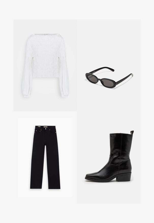 Blusa blanca de manga larga con cuerpo fruncido y mangas abullonadas recogidas en las muñecas, mostrada sobre un fondo simple.; Jeans de mezclilla negros con corte recto, cinco bolsillos, herrajes de cobre y una textura suave. Dos etiquetas visibles en la cinturilla.; Botín de cuero negro hasta el tobillo con puntera afilada, tacón bajo y detalles de costura. Presenta paneles elásticos laterales para facilitar el calzado.; Even&Odd Gafas de sol - black