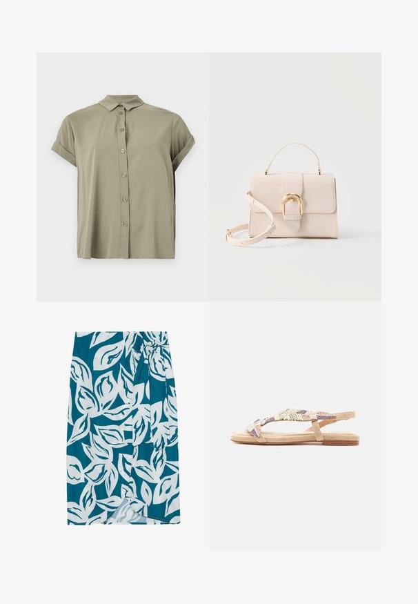 Chemise à manches courtes, verte olive, avec boutons, fabriquée en tissu léger, dotée d'un col classique et de poignets retroussés.; Jupe bleu canard avec un motif de feuillage blanc, présentant un design enroulé et un détail à nouer à la taille. Texture lisse avec un léger éclat.; Sandale plate beige avec une bride en T décorée de perles blanches et violettes, et une bride arrière réglable.; Sac à main beige structuré avec poignée supérieure, bandoulière détachable et boucle arquée couleur or sur un fond clair.