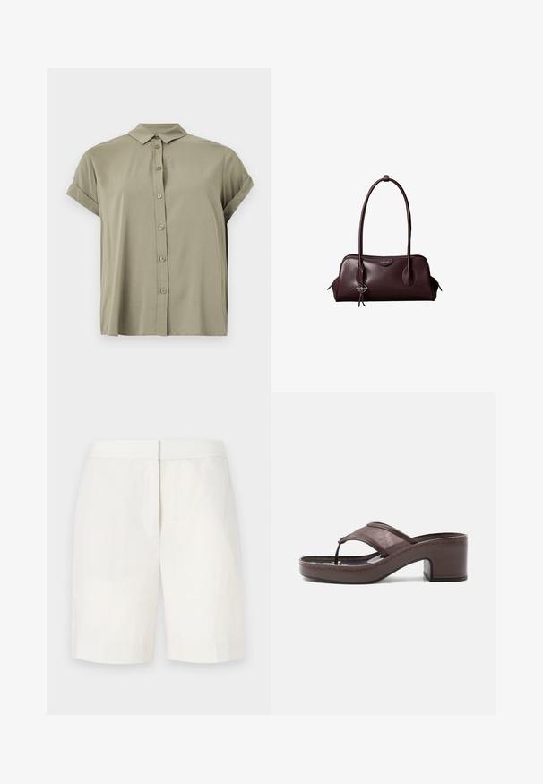 Korte mouwen, olijfgroen button-up shirt gemaakt van lichtgewicht stof, met een klassieke kraag en opgerolde mouwen.; Witte katoenen shorts met een rechte snit, vlakke voorkant en subtiele textuur. Heeft een tailleband en geen zichtbare zakken. Eenvoudig ontwerp.; Bruine sandaal met hak, voorzien van een mesh bandje en teenslipperontwerp, met blokhak en gestikte zool, zijaanzicht op witte achtergrond.; Donkerbruine leren Calvin Klein handtas met lange dubbele handvatten en een kleine logo-sierhanger die aan één handvat hangt.