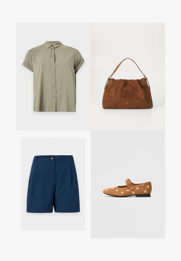 Chemise à manches courtes, verte olive, avec boutons, fabriquée en tissu léger, dotée d'un col classique et de poignets retroussés.; Shorts bleu marine sur mesure avec plis avant, passants pour ceinture et fermeture à bouton doré à la taille.; Chaussure Mary Jane en daim marron avec une bride à boucle, ornée de broderies florales blanches sur le dessus et d'un petit talon noir.; Sac à main en daim marron avec un design plissé, arborant une seule sangle en cuir beige et un discret logo doré à l'avant.