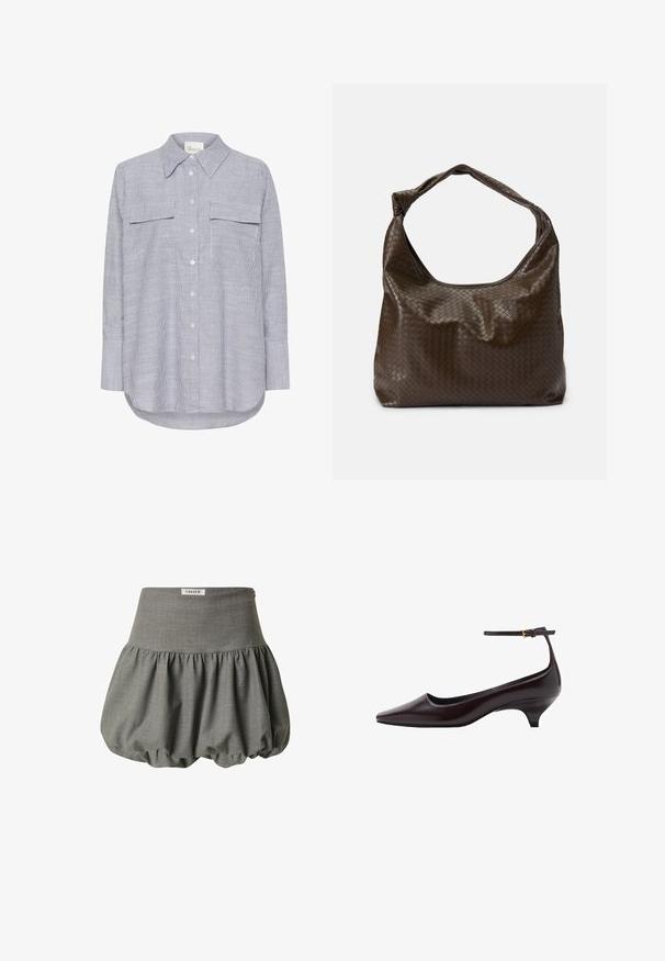 Gestreepte button-up shirt in blauw en wit. Heeft een klassieke kraag, twee borstzakken en lange mouwen met knoopmanchetten.; Grijze bubble rok met een nauwsluitende tailleband, plooien aan de zoom en een zachte, gestructureerde stof. Etiket gelabeld "EDITED" op de tailleband.; Donkerbruine leren kittenheel schoenen met een spitse neus, een dunne enkelband en een kleine gouden gesp.; Bruine gevlochten leren tas met een nonchalante vorm, een enkele handgreep en een textuur oppervlak. Heeft een zachte, glanzende afwerking en afgeronde randen.