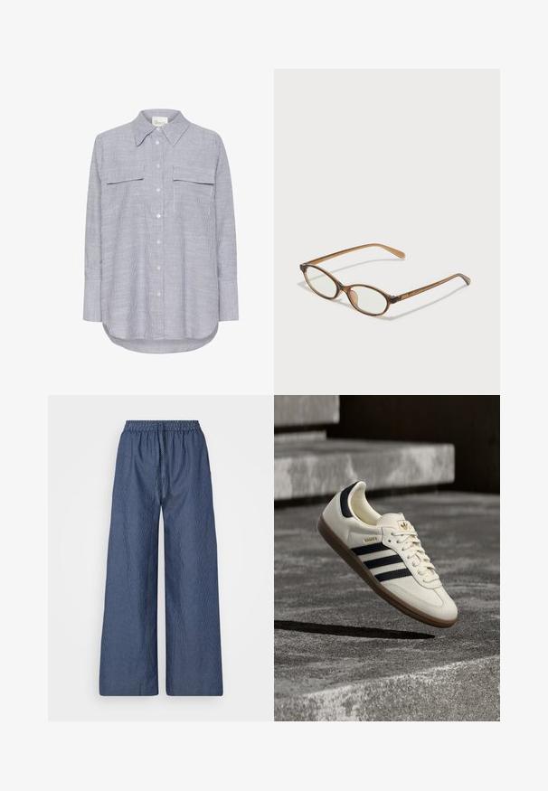 Gestreiftes Hemd in Blau und Weiß. Verfügt über einen klassischen Kragen, zwei Brusttaschen und lange Ärmel mit knöpfbaren Manschetten.; Leichte, blau-weiß gestreifte, weit geschnittene Hose mit Kordelzug und elastischem Bund, aus einem weichen Stoff in entspannter Passform.; Weißer Adidas Samba Sneaker mit schwarzen Streifen und Gummisohle, schwebend über strukturierten grauen Betontreppen.; Braune Schildpatt-Brille mit ovalen Gläsern, dünnen Bügeln und transparenten Akzenten. Verfügt über ein dezentes Logo am Bügel. Elegantes, leichtes Design.