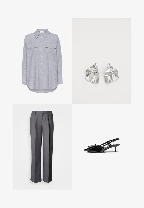 Gestreepte button-up shirt in blauw en wit. Heeft een klassieke kraag, twee borstzakken en lange mouwen met knoopmanchetten.; Grijze op maat gemaakte broek met een platte voorkant, rechte pijpen en een subtiele structuur; voorzien van zijzakken en een gladde tailleband.; Zwarte gepatineerde lederen slingback hakken met een puntige neus, een strikdetail aan de voorkant en een kleine stilettohak. De bandjes hebben verstelbare gespen.; Zilveren metalen oorbellen met een golvend, sculpturaal ontwerp, voorzien van een gepolijste afwerking en onregelmatige vormen, die een hedendaagse esthetiek benadrukken.