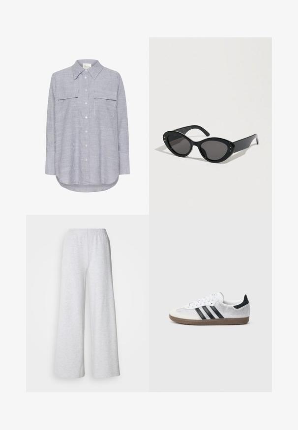 Camisa de botones a rayas en azul y blanco. Presenta un cuello clásico, dos bolsillos en el pecho y mangas largas con puños abotonados.; Pantalones de pierna ancha en gris claro con cinturilla elástica, fabricados en una tela suave con una sutil textura y sin patrones o acentos visibles.; Zapatilla blanca de malla con rayas negras, puntera y detalle en el talón de ante beige, suela de goma texturizada y cordones blancos. Diseño clásico de corte bajo.; Gafas de sol negras con una forma de ojo de gato sobredimensionada. Montura de plástico lisa con lentes oscuras y pequeños detalles de estrellas en los lados.