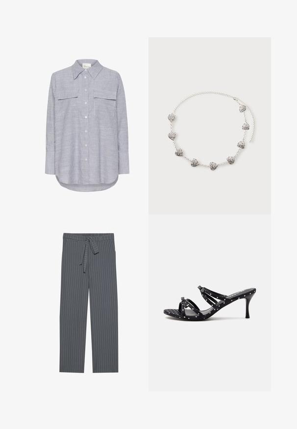 Camisa de botones a rayas en azul y blanco. Presenta un cuello clásico, dos bolsillos en el pecho y mangas largas con puños abotonados.; Pantalones gris a rayas con una cinturilla elástica, detalle de lazo y corte suelto. Fabricados con una tela suave, presentan rayas verticales.; Sandalia negra de tacón alto con lunares blancos, puntera abierta y finas tiras cruzadas sobre un fondo claro liso.; Collar de cadena de plata con ocho pequeños colgantes en forma de corazón con intrincados patrones en espiral, colocado sobre un fondo claro.