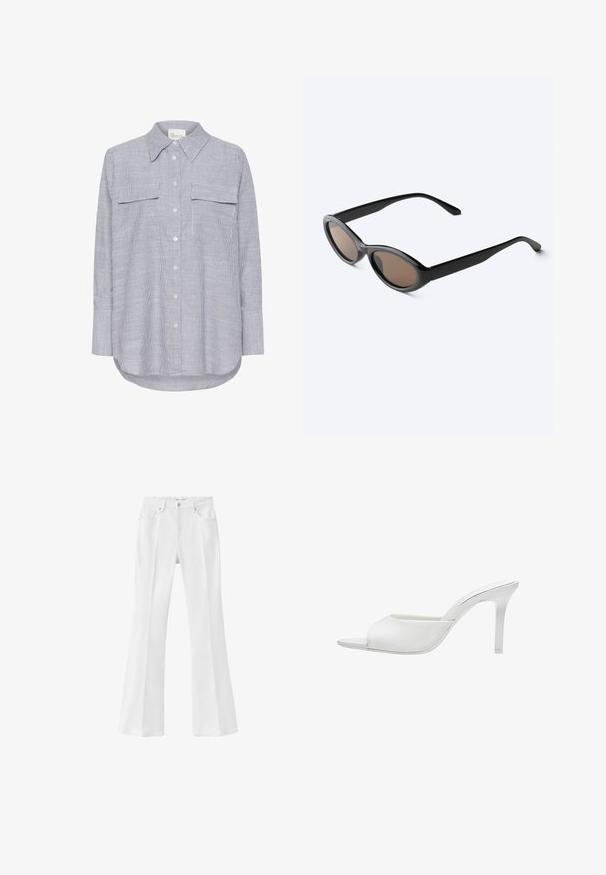 Gestreepte button-up shirt in blauw en wit. Heeft een klassieke kraag, twee borstzakken en lange mouwen met knoopmanchetten.; Witte hoge taille wijde jeans met knoop aan de voorkant, riemlussen en een ontwerp met vijf zakken, tegen een effen achtergrond.; Witte mule met open teen, smalle hak van middelhoge hoogte en glad bovenwerk, vanaf de zijkant op een witte achtergrond weergegeven.; Zwarte zonnebril met ovale montuur en donker getinte glazen, licht schuin getoond op een wit oppervlak.