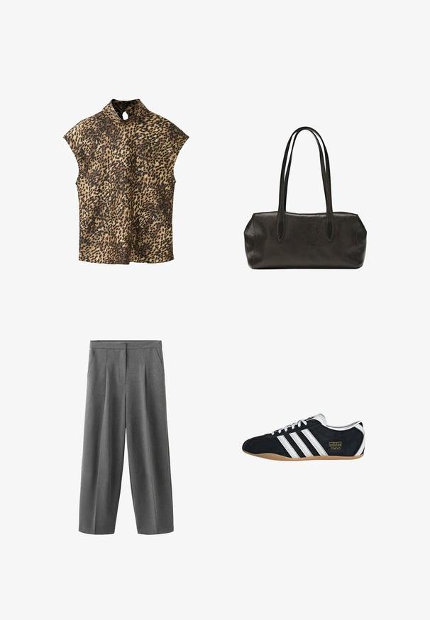Haut imprimé léopard avec col montant, manches courtes à emmanchures raglan et détail en forme de trou de serrure au niveau du col. Le tissu a une texture lisse et légèrement brillante.; Pantalon gris à jambes larges avec plis à l'avant, poches latérales et taille haute, confectionné dans un tissu à texture lisse.; Sneakers en suede noir avec trois bandes blanches, logo doré et semelle en caoutchouc marron. Présente un design à lacets à profil bas.; Sac à main rectangulaire en cuir noir avec longues bretelles doubles et finition texturée, présenté sur un fond blanc uni.