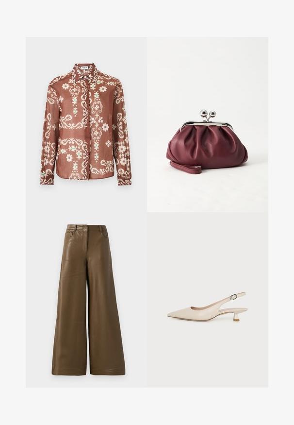Chemise marron à manches longues avec des motifs floraux et ornementaux blancs et verts, boutonnée à l'avant, col pointu.; Pantalons à jambes larges en simili cuir marron lisse. Présentent une taille haute, quatre poches et une fermeture éclair sur le devant. Texture plate et design minimaliste.; Chaussure slingback beige à bout pointu avec un petit talon kitten et une boucle latérale réglable sur fond blanc uni.; Petit sac pochette en cuir bordeaux avec fermoir métallique argenté et bracelet sur fond blanc.