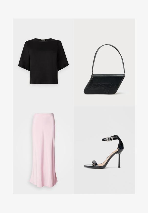 Zwarte, kortekappen top met een ronde halslijn, gemaakt van een gladde stof. Het ontwerp heeft een boxy silhouet en een nette afwerking.; Roze satijnen maxi rok met een soepele textuur, een aansluitende taille en een lichte uitloop aan de zoom, voorzien van een klein decoratief knoopdetail.; Zwarte sandalen met hoge hak van lakleer en een enkelriempje. Heeft een minimalistisch ontwerp, open teen en een gesp met strass-steentjes.; Zwarte leren schoudertas met een driehoekige vorm, geperst logo en een enkele verstelbare riem. Minimalistisch ontwerp met een gladde textuur.