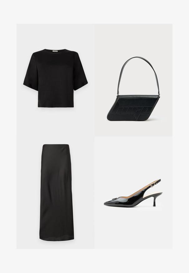 Zwarte, kortekappen top met een ronde halslijn, gemaakt van een gladde stof. Het ontwerp heeft een boxy silhouet en een nette afwerking.; Zwarte maxi rok van glad, lichtgewicht stof. Heeft een rechte silhouet met een elastische tailleband en geen zichtbare patronen of versieringen.; Zwarte lakleren slingback hak met spitse neus, kleine kittenhak en zilveren gespsluiting op een effen witte achtergrond.; Zwarte leren schoudertas met een driehoekige vorm, geperst logo en een enkele verstelbare riem. Minimalistisch ontwerp met een gladde textuur.