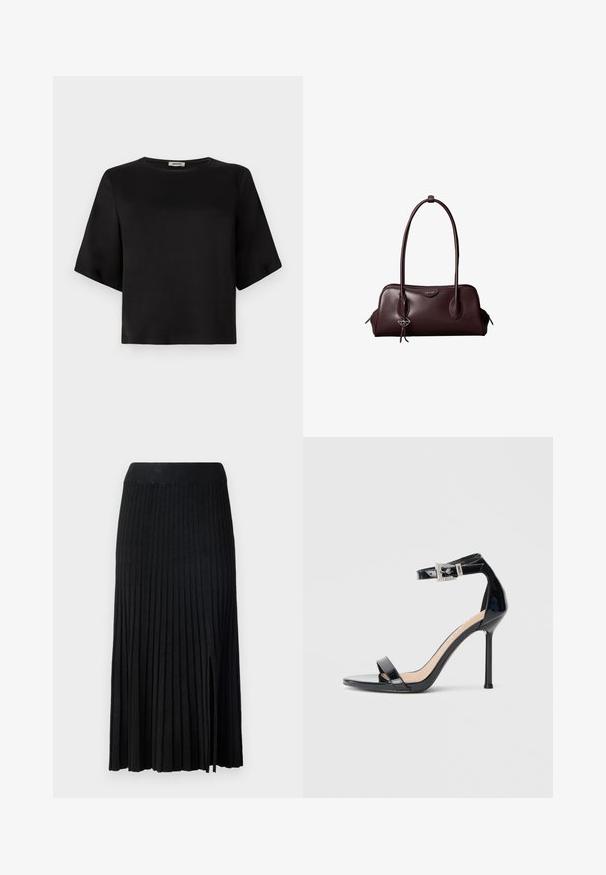 Camiseta negra de manga corta con un escote redondeado, fabricada con tela suave. El diseño presenta una silueta cuadrada y un acabado limpio.; Falda midi plisada negra con cinturilla acanalada, con tejido texturizado, abertura lateral y líneas verticales en todo el diseño.; Sandalia de tacón alto en piel sintética negra con correa en el tobillo. Presenta un diseño minimalista, punta abierta y una hebilla con detalles de pedrería.; Bolso de mano de cuero marrón oscuro Calvin Klein con asas dobles largas y un pequeño colgante con el logotipo colgando de una de las asas.