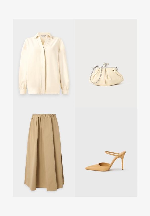 Cremefarvet langærmet bluse med krave, der har en V-halsskjæring, blød texture og samlede manchetter. Lige kant med subtile syningsdetaljer.; Beige knælang nederdel med rynket elastisk talje, lavet af glat, ensfarvet stof, vist mod en ensfarvet lys baggrund.; Beige spidse stilettohæle med en tynd ankelrem på en hvid baggrund.; Plisseret beige læderclutch med en sølvmetalramme, der har to runde dekorative låse og en sølvkædetrasporte.