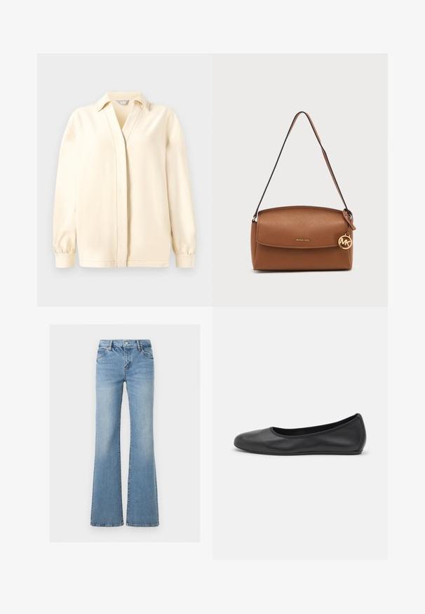 Cremefarvet langærmet bluse med krave, der har en V-halsskjæring, blød texture og samlede manchetter. Lige kant med subtile syningsdetaljer.; Lyseblå denimjeans med høj talje, knap- og lynlåslukning, lommer foran og bagpå samt udvidede bukseben.; Sort læderballetsko med rund tå, glat tekstur, minimal syning og et fleksibelt såldesign.; Brun skuldertaske i læder med klaplukning, tynd strop og rund gylden Michael Kors-logo vedhæng hængende fra siden.