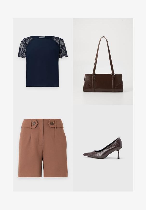 Marineblå top med korte blondeærmer. Glat stof, rektangulær form og blonde detaljer på skuldrene. Enkel rund halsudskæring.; Brune shorts med høj talje, skjult frontlukning, bæltestropper og to dekorative brune knapper på skrå stropper ved taljen.; Brune kunstlæder stiletter med spidse tæer og krokodilletekstur, der har en slank, vinklet hæl og en glat inderside.; Brun lakeret håndtaske med rektangulær form, to lange håndtag og subtile buede detaljer på fronten.