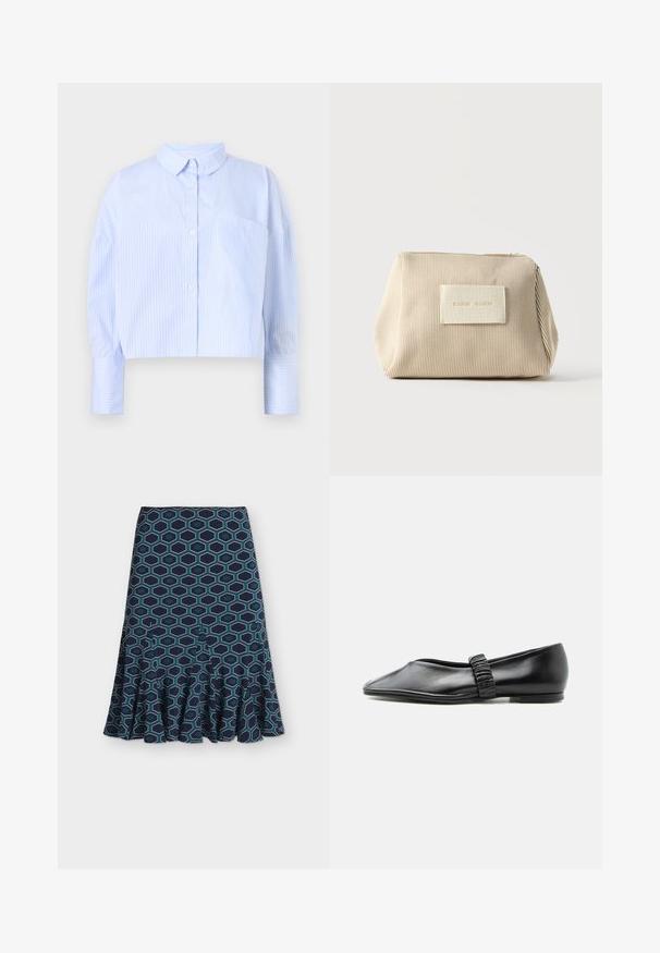Gekürzte Hemdbluse in Hellblau mit weißen vertikalen Streifen, ausgestattet mit einem Kentkragen und einer Brusttasche. Weicher Stoff.; Marineblauer A-Linien-Rock mit türkis-weißem Sechseckmuster und ausgestelltem Rüschensaum.; Schwarzer flacher Lederschuh mit gerafftem Riemen über dem Spann und leicht spitzer Spitze, vor einfachem Hintergrund abgebildet.; Beige gerippte Stofftasche mit Reißverschluss oben und rechteckigem Aufnäher mit erhabenem Text vorne, vor einem schlichten weißen Hintergrund.