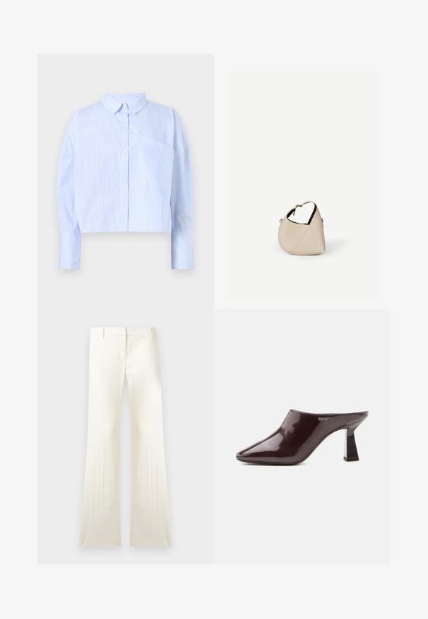 Korte button-up shirt in lichtblauw met witte verticale strepen, het heeft een spread collar en een borstzak. Zachte stoffen textuur.; Witte, hoge taille, wijde broekspijpen met voorvouwen, riemlussen en een verborgen ritssluiting aan de voorkant.; Glinsterende donkerbruine muil met spits toelopende neus, blokhak en DKNY-logo aan de zijkant, afgebeeld op een effen witte achtergrond.; Beige leren handtas in halvemaanvorm met een enkele schouderband en minimale stiksels, afgebeeld tegen een effen witte achtergrond.