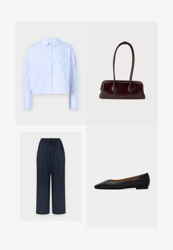 Gekürzte Hemdbluse in Hellblau mit weißen vertikalen Streifen, ausgestattet mit einem Kentkragen und einer Brusttasche. Weicher Stoff.; Marineblaue Hosen mit weitem Bein, die ein dezentes Leopardenmuster, einen elastischen Bund mit Kordelzug und eine glatte Stofftextur aufweisen.; Schwarzer flacher Schuh aus Leder mit spitz zulaufender Vorderkappe, niedrigem Absatz und glatter Oberfläche, von der Seite vor einem hellgrauen Hintergrund dargestellt.; Dunkelbraune glänzende Lederhandtasche mit langen, dünnen Griffen und einer strukturierten rechteckigen Basis auf einfachem, hellem Hintergrund.