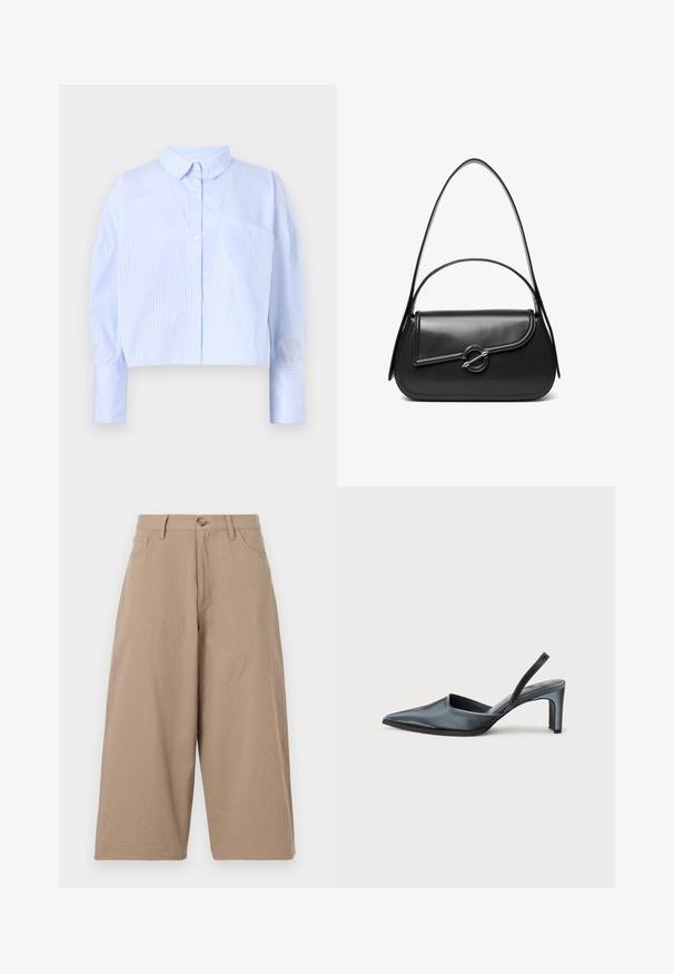 Gekürzte Hemdbluse in Hellblau mit weißen vertikalen Streifen, ausgestattet mit einem Kentkragen und einer Brusttasche. Weicher Stoff.; Beige weite Baumwollhosen mit hoher Taille, frontalen Taschen und einer einzelnen Knopfverschluss. Glatte Textur und gerader Schnitt.; Schwarzer Slingback-Absatz mit spitzem Zehenbereich, eleganter Satinoptik und schlankem 7,5 cm Absatz. Offenes Seitendesign mit minimalen Nahtdetails.; Schwarze Lederschultertasche mit einer geschwungenen Klappe, die durch einen runden Metallverschluss gesichert ist, und einem schlanken, verstellbaren Riemen.