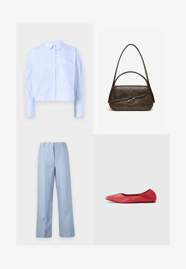Korte button-up shirt in lichtblauw met witte verticale strepen, het heeft een spread collar en een borstzak. Zachte stoffen textuur.; Lichtblauwe, wijde broek met hoge taille, riemlussen en voorplooien op een effen achtergrond.; Filippa K REY FLATS - Ballerina's - bright red; Donkerbruine lederen handtas met textuur, twee hengsels, afgeronde rechthoekige vorm en zilveren cirkelvormige sluiting op de voorflap.