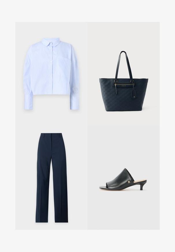 Gekürzte Hemdbluse in Hellblau mit weißen vertikalen Streifen, ausgestattet mit einem Kentkragen und einer Brusttasche. Weicher Stoff.; Marineblaue Hose mit geradem Bein, Gürtelschlaufen, Frontreißverschluss und sauberem Bund vor hellem Hintergrund.; Schwarze Leder-Pantoletten mit offenen Zehen und niedrigem Absatz. Sie verfügen über eine glatte Oberfläche und ein goldenes Logo-Detail an der Seite.; Marineblaue Michael Kors Tragetasche mit geprägtem Logo-Muster, Frontreißverschlusstasche, langen Henkeln und angebrachtem Lederanhänger.