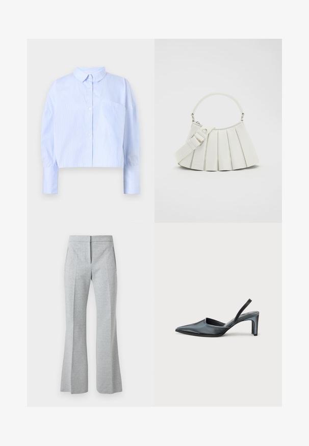 Camisa de botones cortada en azul claro con rayas verticales blancas, que presenta un cuello desplegado y un bolsillo en el pecho. Textura de tela suave.; Pantalones de corte alto en gris claro con un sutil patrón espiga, pliegue frontal, bolsillos laterales y piernas ligeramente acampanadas.; Tacón destalonado negro con punta puntiaguda, acabado de satén elegante y tacón delgado de 3 pulgadas. Diseño lateral abierto con detalle mínimo de costuras.; Lacoste LENGLEN BAG - Bolso de mano - cristalline
