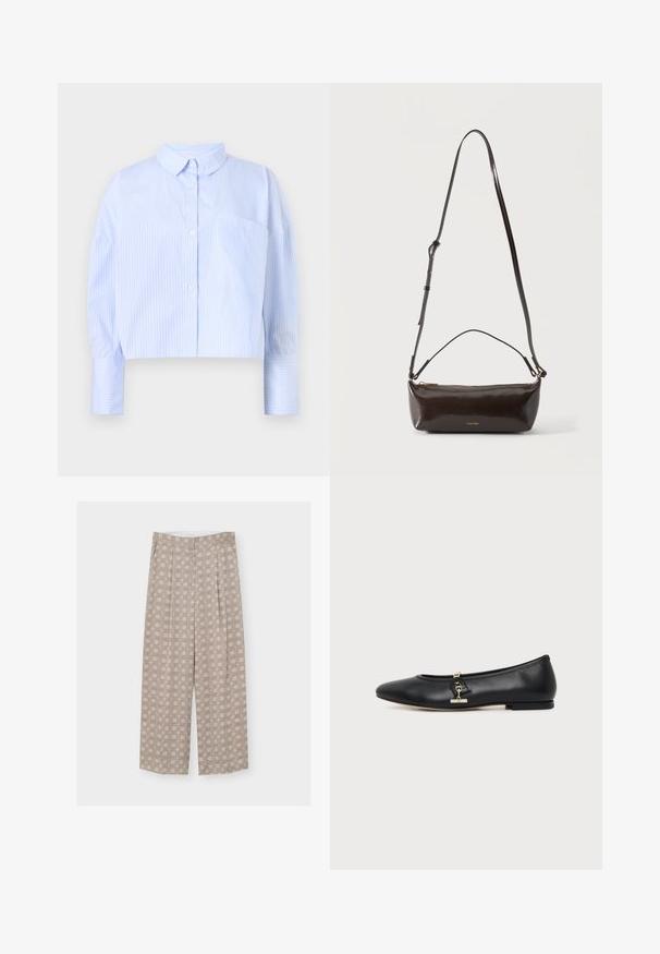Korte button-up shirt in lichtblauw met witte verticale strepen, het heeft een spread collar en een borstzak. Zachte stoffen textuur.; Beige wijde broekspijpen met een hoge taille, voorzien van een geometrisch patroon van vierkanten en bogen in donkerdere beige lijnen.; Zwarte leren platte schoen met afgeronde neus en klein gouden gespsdetail aan de zijkant, getoond op een eenvoudige lichte achtergrond.; Kleine glanzende donkerbruine leren schoudertas met verstelbare riem, bovenhandvat en gouden ritssluiting.