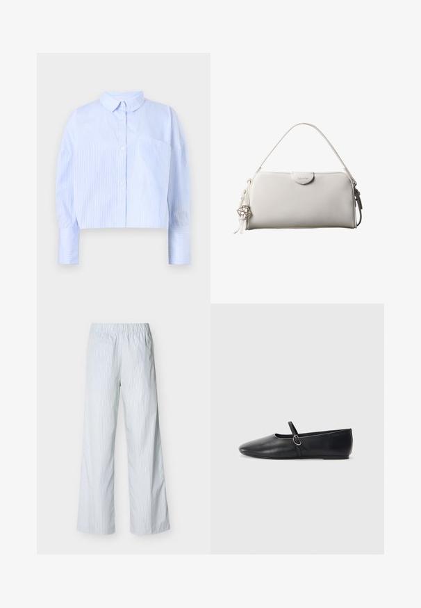 Korte button-up shirt in lichtblauw met witte verticale strepen, het heeft een spread collar en een borstzak. Zachte stoffen textuur.; Witte broek met dunne verticale blauwe strepen, elastische tailleband, rechte pijp en lichtgewicht stof voor casual gebruik.; Zwarte leren balletschoenen met een spitse neus, platte zool en een kleine strap met een zilveren gespsluiting.; Witte rechthoekige Calvin Klein handtas met enkele handgreep, minimalistisch ontwerp en decoratieve kwastjes met geometrische metalen hanger aan de zijkant.