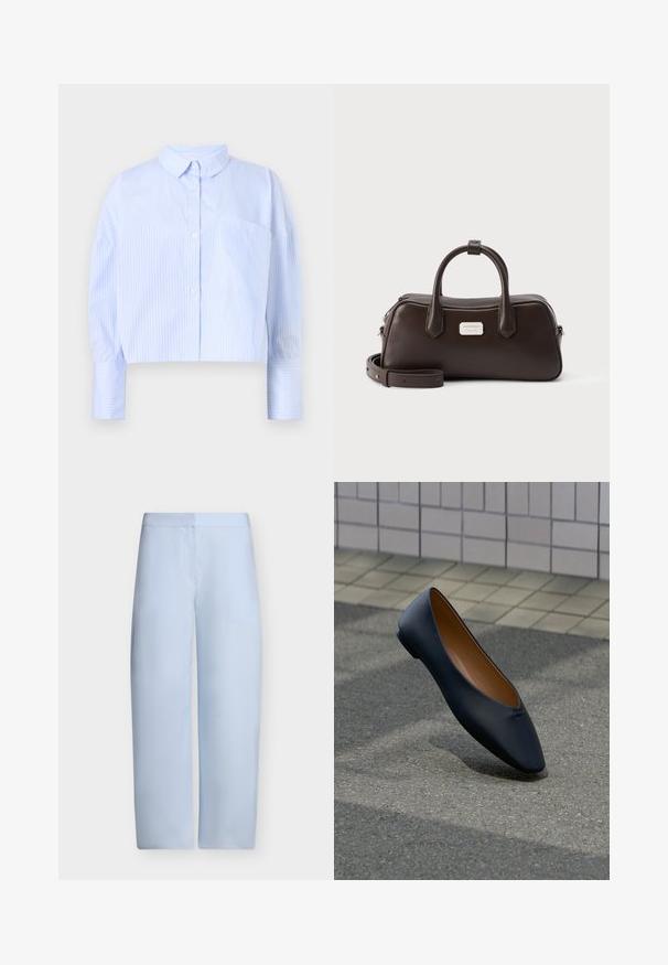 Camisa de botones cortada en azul claro con rayas verticales blancas, que presenta un cuello desplegado y un bolsillo en el pecho. Textura de tela suave.; Pantalones de pierna ancha y cintura alta en azul claro, con parte delantera lisa y sin bolsillos ni adornos visibles.; Zapato plano de cuero negro con punta, que flota sobre una superficie de asfalto cerca de una acera adoquinada.; Bolso de mano de cuero marrón oscuro con dos asas, correa de hombro desmontable y una pequeña placa de marca plateada rectangular en la parte delantera.