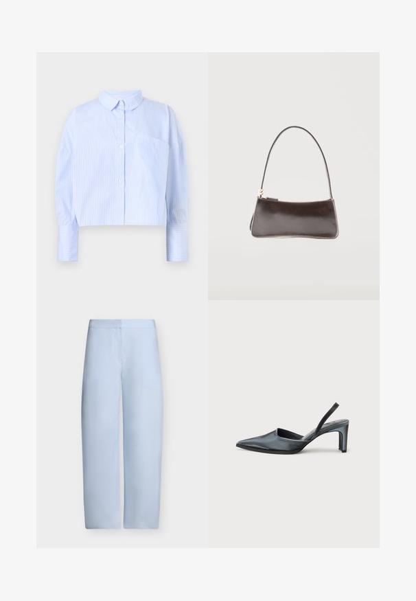 Korte button-up shirt in lichtblauw met witte verticale strepen, het heeft een spread collar en een borstzak. Zachte stoffen textuur.; Lichtblauwe, hoog getailleerde broek met wijde pijpen, een gladde voorkant zonder zichtbare zakken of versieringen.; Zwarte slingback hak met een puntige neus, een gladde satijnen afwerking en een slanke hak van 7,5 cm. Open zijkantontwerp met minimale stikdetails.; Kleine rechthoekige donkerbruine leren handtas met een enkele riem en een goudkleurige ritssluiting.