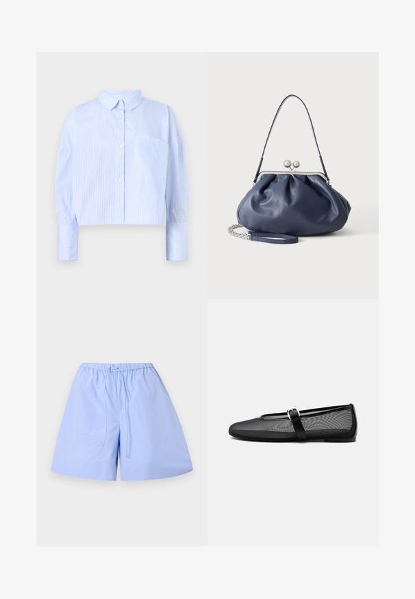 Korte button-up shirt in lichtblauw met witte verticale strepen, het heeft een spread collar en een borstzak. Zachte stoffen textuur.; Lichtblauwe katoenen shorts met een gestreept patroon, elastische tailleband en verstelbare trekkoord. Heeft een losse pasvorm en een soepele textuur.; Zwarte mesh ballerina met ronde neus en verstelbare Mary Jane-band met een zilveren gesp, op een effen lichtgrijze achtergrond.; Zachte navyblauwe leren handtas met zilveren sluiting, enkele schouderband en afneembare ketting polsband op witte achtergrond.