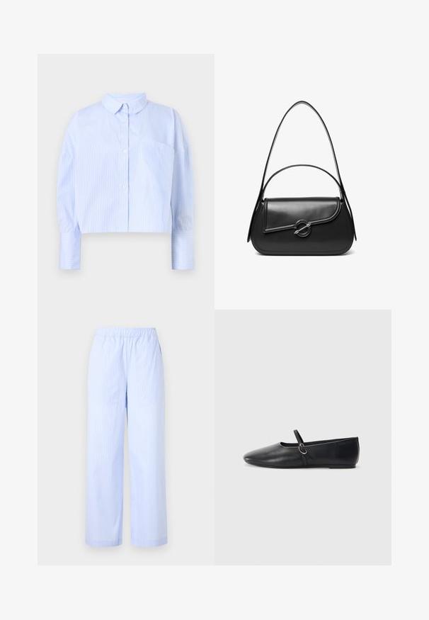 Gekürzte Hemdbluse in Hellblau mit weißen vertikalen Streifen, ausgestattet mit einem Kentkragen und einer Brusttasche. Weicher Stoff.; Helleblaue gestreifte Hose mit elastischem Bund, weiter Beinform, Seitentaschen und glatter Textur. Keine zusätzlichen Verzierungen.; Schwarze Leder-Ballettschuhe mit spitzem Schuhzeug, flacher Sohle und einem kleinen Riemen mit silberner Schnalle.; Schwarze Lederschultertasche mit einer geschwungenen Klappe, die durch einen runden Metallverschluss gesichert ist, und einem schlanken, verstellbaren Riemen.