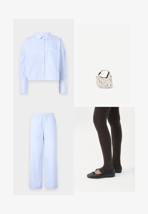 Korte button-up shirt in lichtblauw met witte verticale strepen, het heeft een spread collar en een borstzak. Zachte stoffen textuur.; Lichtblauwe gestreepte broek met een elastische tailleband, wijde pijpen, zijzakken en een gladde textuur. Geen extra versieringen.; Benen met donkere geribbelde leggings gecombineerd met zwarte ballerina's met kleine strikdetails op een witte achtergrond.; Kleine witte handtas met bruine vlekken, afgeronde driehoekige vorm, zwarte binnenvoering en korte verstelbare band met zilveren gesp.