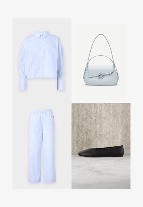 Korte button-up shirt in lichtblauw met witte verticale strepen, het heeft een spread collar en een borstzak. Zachte stoffen textuur.; Lichtblauwe gestreepte broek met een elastische tailleband, wijde pijpen, zijzakken en een gladde textuur. Geen extra versieringen.; Zwarte leren balletflat met een afgeronde neus, een gladde textuur en een gouden logoaccent aan de zijkant. Geplaatst boven een reflecterend oppervlak.; Lichtblauwe leren handtas met een afgeronde klep, zilveren ronde sluiting en twee schouderbanden tegen een effen achtergrond.