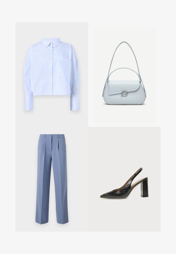 Camisa de botones cortada en azul claro con rayas verticales blancas, que presenta un cuello desplegado y un bolsillo en el pecho. Textura de tela suave.; Pantalones plisados azul claro con un corte ajustado, hechos de una tela suave. Cuentan con un diseño de pierna recta y una cintura de tiro medio.; Zapato slingback de piel negra con puntera puntiaguda, tacón alto y ancho, y forro interior beige sobre un fondo claro y liso.; Bolso de cuero azul claro con solapa redondeada, cierre circular plateado y dos correas para el hombro sobre un fondo liso.