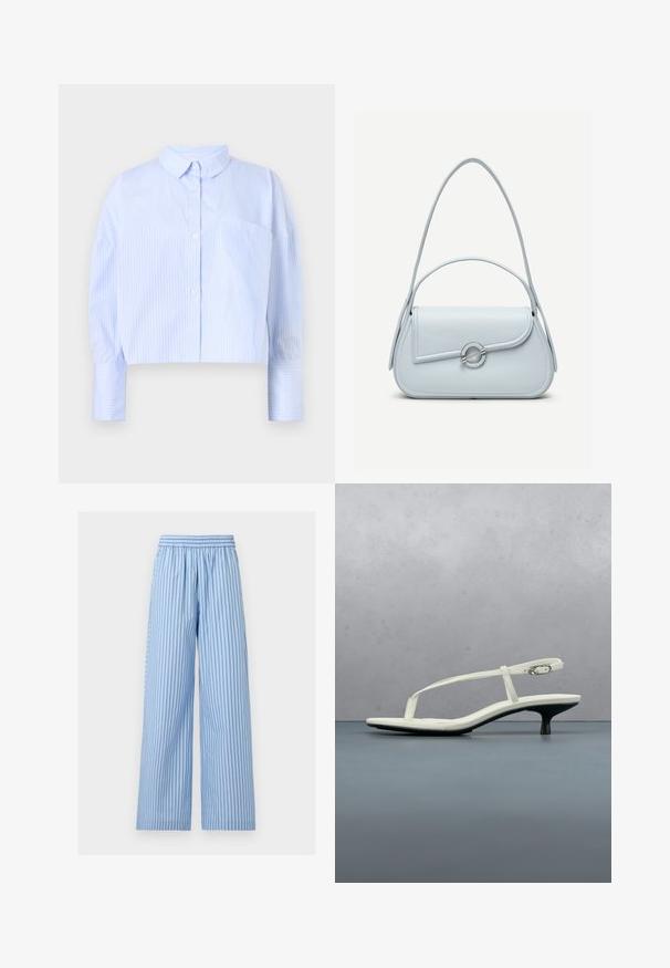 Korte button-up shirt in lichtblauw met witte verticale strepen, het heeft een spread collar en een borstzak. Zachte stoffen textuur.; Lichtblauwe broek met wijde pijpen, verticale donkerblauwe fijne strepen en een elastische tailleband.; Witte sandaal met smalle bandjes en kitten heel, met een spitse neus, zwevend boven een houten tegelvloer buiten, met op de achtergrond een wazige plant en muur.; Lichtblauwe leren handtas met een afgeronde klep, zilveren ronde sluiting en twee schouderbanden tegen een effen achtergrond.