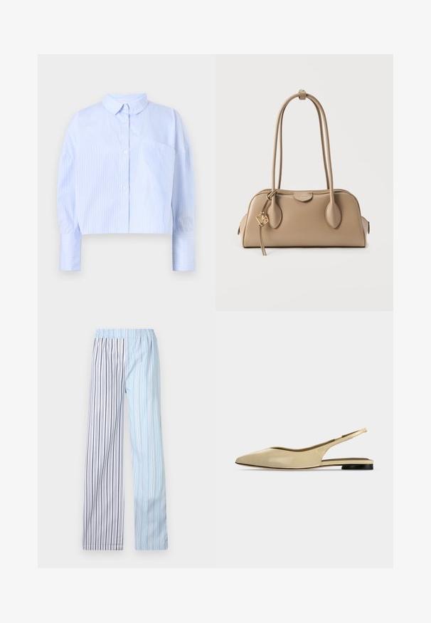 Camisa de botones cortada en azul claro con rayas verticales blancas, que presenta un cuello desplegado y un bolsillo en el pecho. Textura de tela suave.; Pantalones ligeros a rayas con cintura elástica; presentan rayas alternas en azul claro y blanco con delgados acentos grises.; Zapato plano beige con puntera puntiaguda, diseño slingback, tacón bajo negro y acabado en cuero liso, mostrado de perfil sobre un fondo liso.; Bolso beige con textura de cuero suave. Forma redondeada, dos asas largas y un detalle de herrajes dorados en el cierre de cremallera.