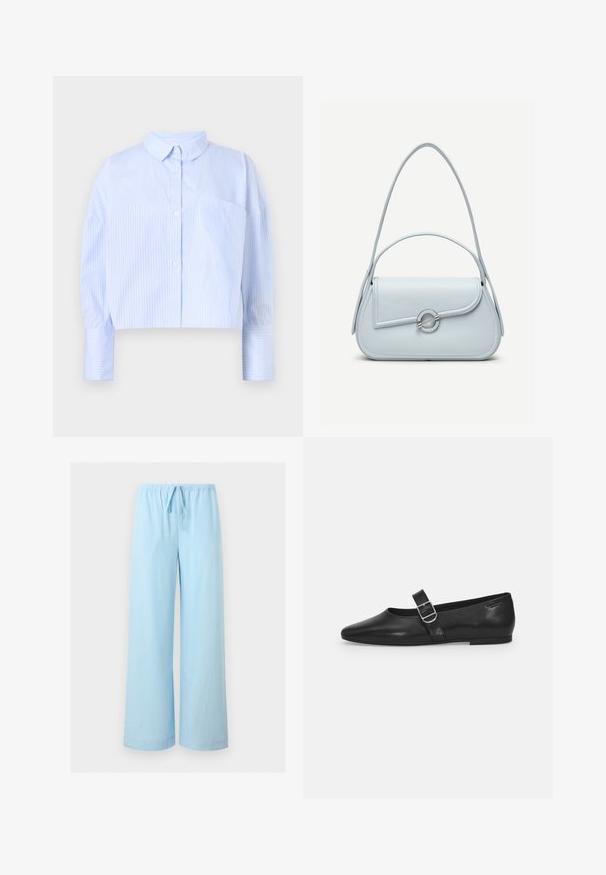 Gekürzte Hemdbluse in Hellblau mit weißen vertikalen Streifen, ausgestattet mit einem Kentkragen und einer Brusttasche. Weicher Stoff.; Hellblaue, weit geschnittene Hose mit elastischem Bund und Kordelzug, vor einem einfarbigen grauen Hintergrund dargestellt.; Schwarzer Lederflatschuh mit runder Zehenform, einem verstellbaren Schnallenriemen und einer glatten, glänzenden Oberfläche. Minimalistisches Design mit einem niedrigen Absatz.; Hellblaue Lederhandtasche mit abgerundetem Überschlag, silbernem, rundem Verschluss und zwei Schulterriemen vor einfarbigem Hintergrund.
